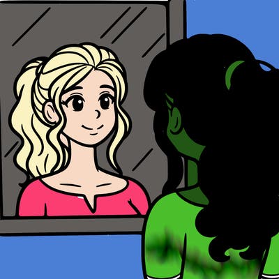 a woman looks at her reflection in the mirror