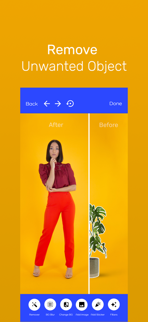 Pixart AI Photo Editor - Split screen demonstration of the Pixart AI app removing a potted plant from a photo of a woman