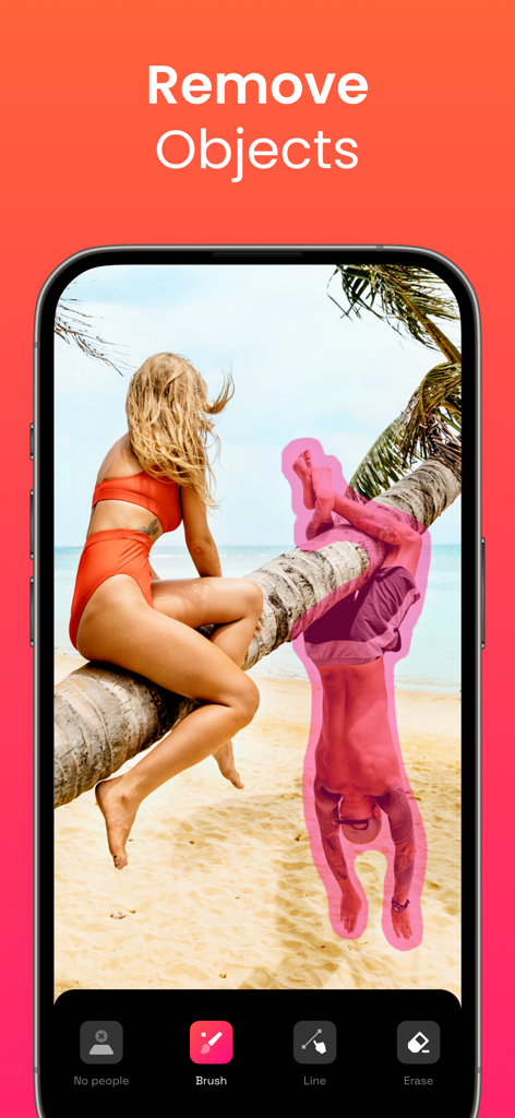 Retouch AI - Remove Objects - AI 사진 편집 앱 인터페이스로 해변 장면에서 제거를 위해 분홍색 브러시로 선택된 사람을 보여줍니다