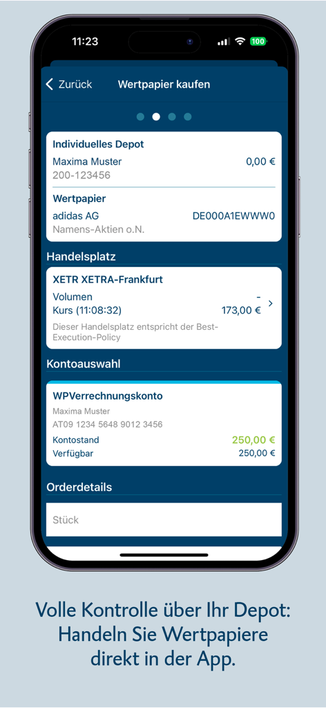 BTV Banking - Pantalla de la aplicación BTV Banking para comprar valores mostrando la compra de acciones de Adidas en la bolsa XETRA de Frankfurt