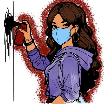 realistic girl with mask spray painting a wall