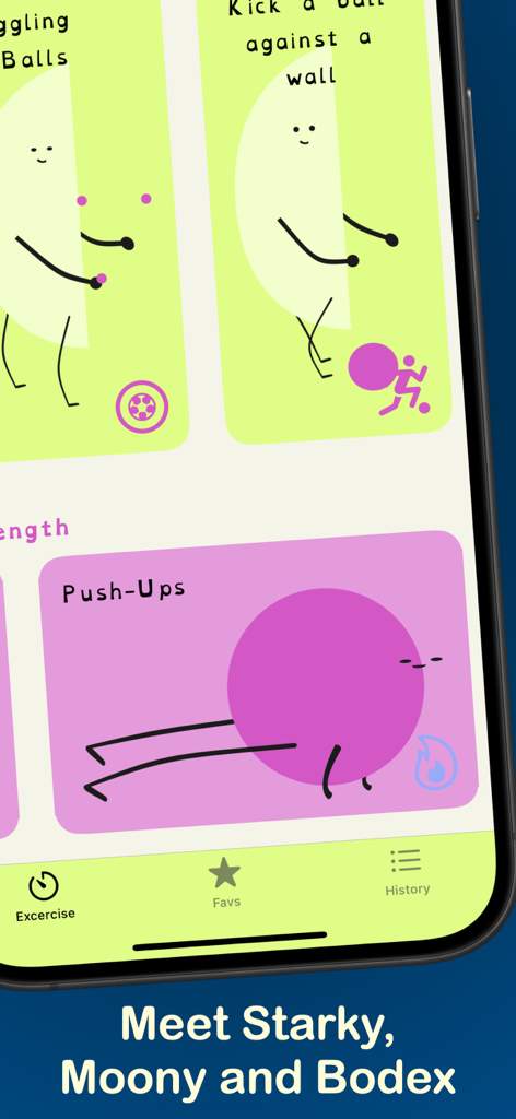 Geometric pets Starky and Moony illustrating push-ups and juggling exercises in the New Skills Everyday app