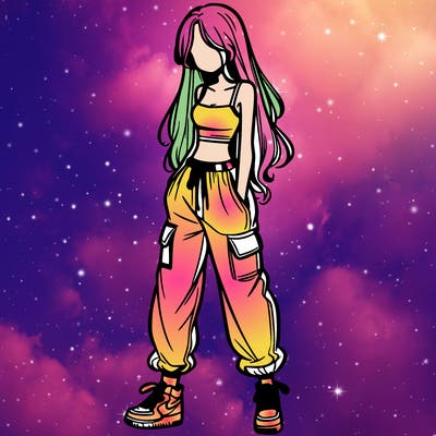 girl in baggy pants crop top and long hair