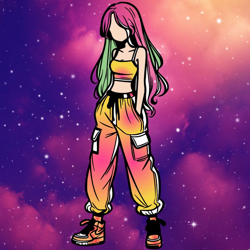 girl in baggy pants crop top and long hair