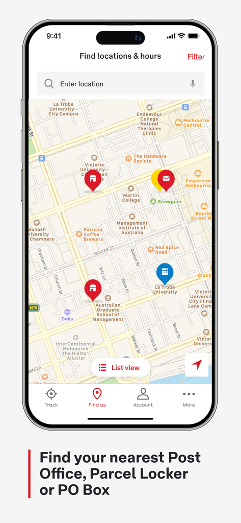 Australia Post - Australia Post app map view for finding nearby Post Offices and Parcel Lockers.