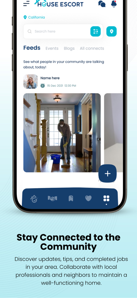 Pantalla de la aplicación móvil mostrando el feed de la comunidad de House Escort con actualizaciones de profesionales de servicios del hogar.