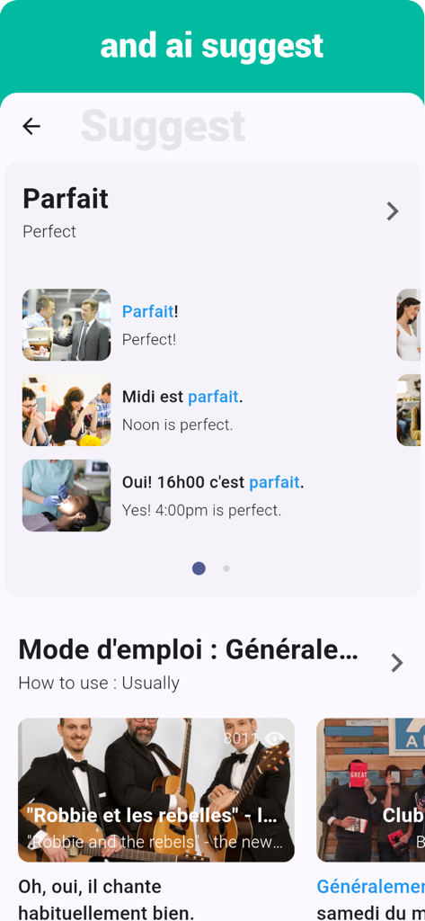 French  - Listening Speaking - A screen from the French Listening Speaking app showing AI suggested phrases for the word parfait and video learning lessons.
