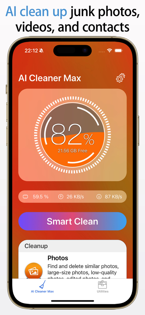 AI Cleaner Max-Clean Up Device - AI Cleaner Max 앱 인터페이스: 기기 저장 공간 모니터와 스마트 정리 버튼 표시