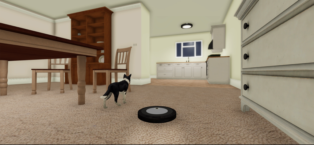 Robot Room Cleaner - Robot vacuum cleaner cleaning a carpeted living room with a cat