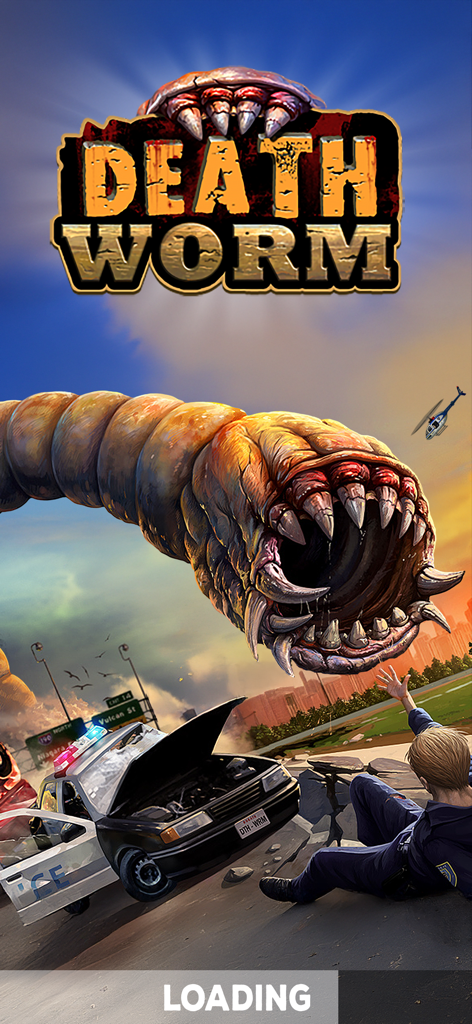 Death Worm™ - Schermata di caricamento del gioco Death Worm che mostra un mostro gigante che attacca una città