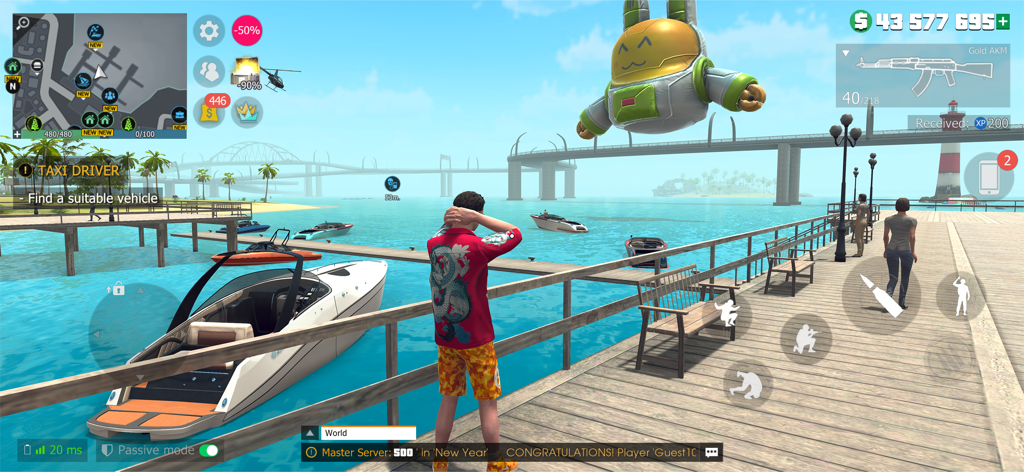 Grand Criminal Online: Heists - Un personaje de pie en un muelle de madera con vistas a un puerto con barcos de lujo en el mundo abierto de Grand Criminal Online.