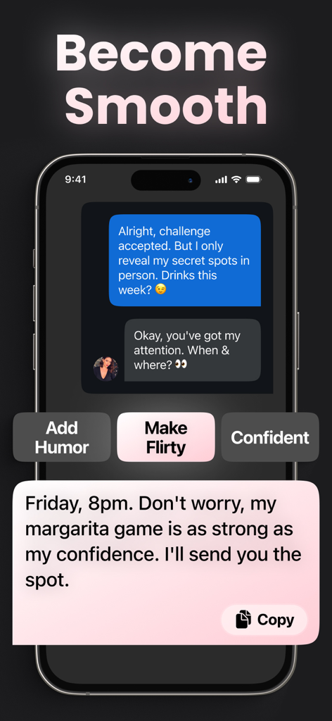 Icebreaker: Your AI Wingman - Ein Screenshot der Icebreaker AI Wingman App, die eine flirtende Antwort für eine Dating-Konversation generiert