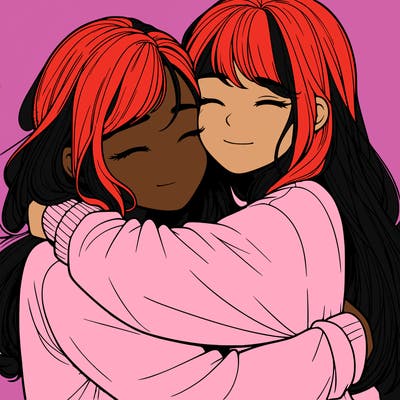 realistic two girls hugging