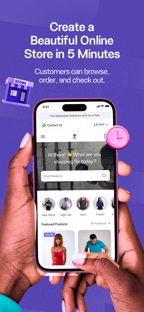 Catlog: Create Online Store - A person holding a smartphone displaying a professional online store interface with clothing products