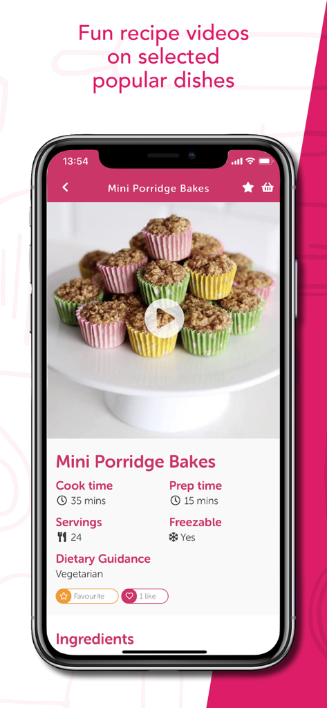 Baby Led Weaning Recipes - iPhone que muestra una receta de Mini Porridge Bakes con un botón de reproducción de vídeo y detalles nutricionales en la aplicación Recetas de Baby Led Weaning
