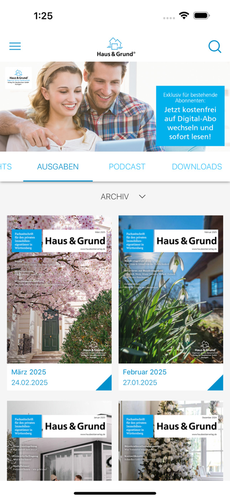 Archive of magazine issues in the Haus and Grund Württemberg app.