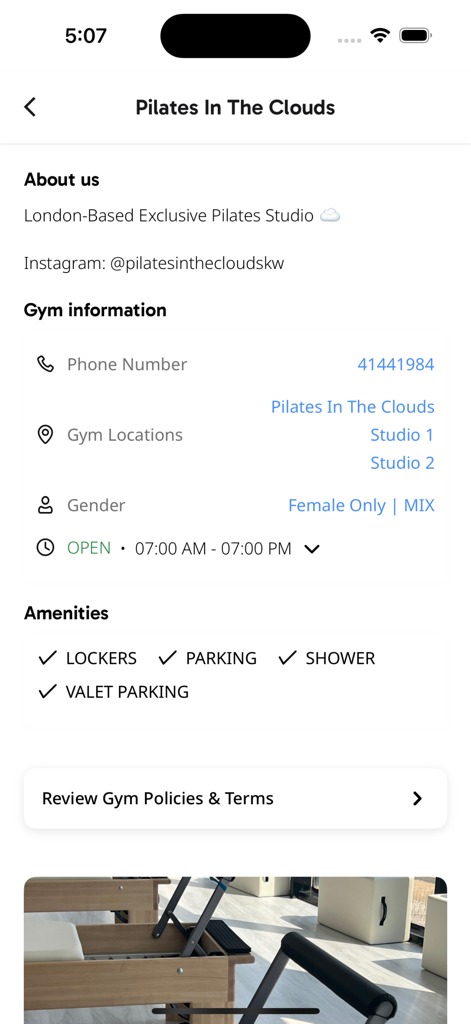Pilates In The Clouds - Pilates In The Clouds app interface showing studio location details amenities and reformer equipment