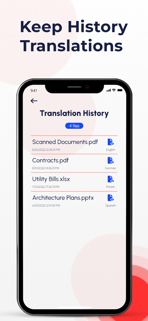 PDF Translate Pro - Schermata della cronologia delle traduzioni nell'app PDF Translate Pro che mostra un elenco di documenti tradotti, inclusi file PDF, Excel e PowerPoint