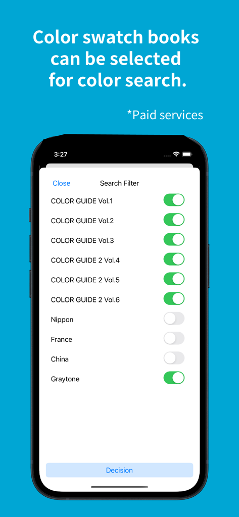 DIC Color Guide app interface showing search filters for various color swatch books and traditional color libraries