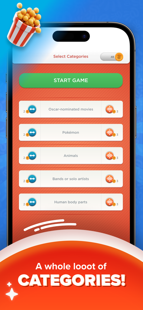 Stop - Categories Word Game - ストップ単語ゲームのモバイルインターフェース。映画や動物などのトピックのカテゴリー選択が表示されています。