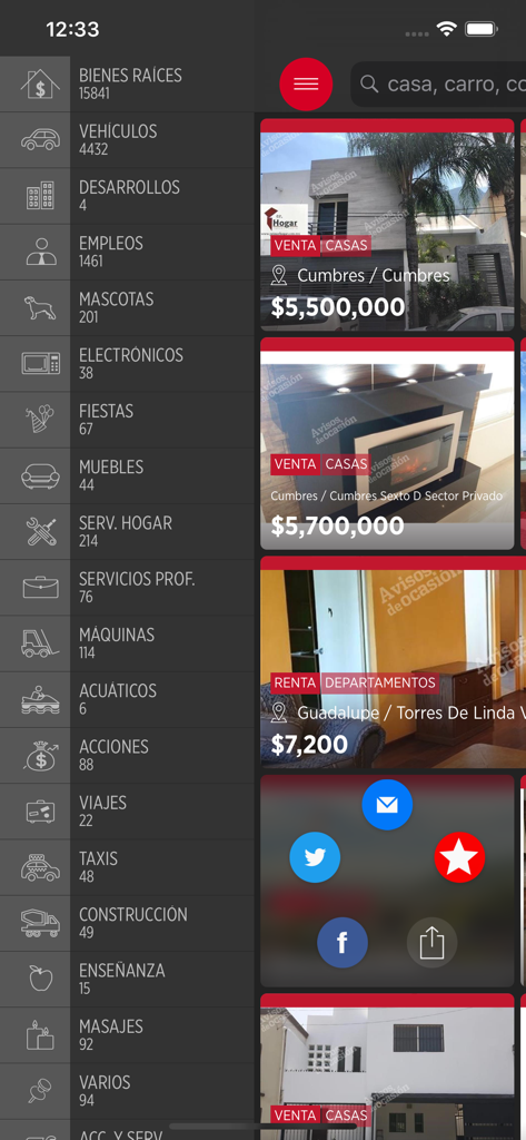 Screenshot of the Avisos de Ocasión app showing the categories menu and real estate property listings