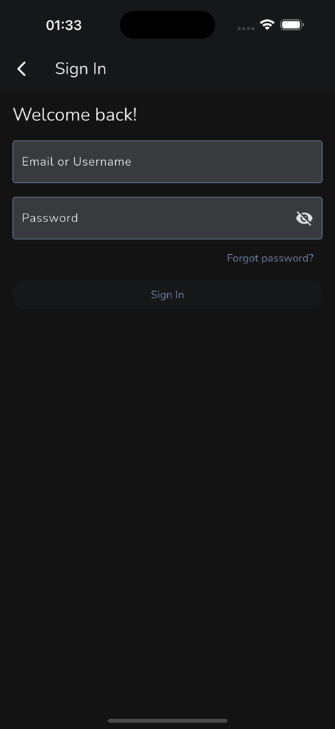 Comiga - Comiga app sign in page with email and password input fields in dark mode
