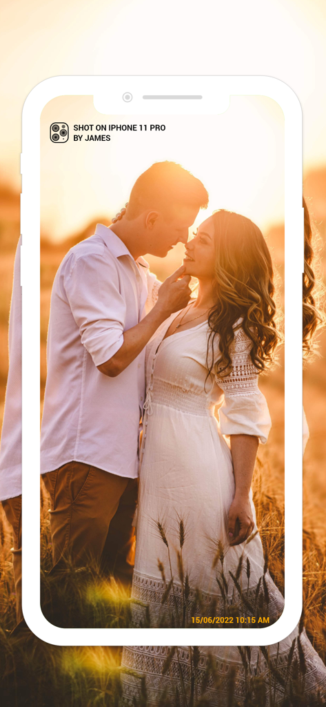 A photo of a couple with a Shot On iPhone watermark and custom signature