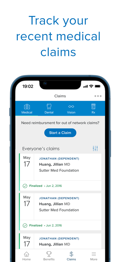 Blue Shield of California - Interfaccia dell'app Blue Shield of California che mostra un elenco di recenti sinistri medici e il loro stato