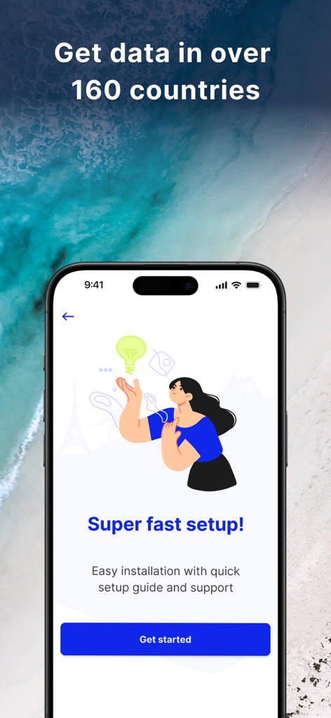 BetterRoaming: eSIM for Travel - Écran de l'application BetterRoaming montrant un guide de configuration rapide pour l'eSIM de voyage avec couverture mondiale dans 160 pays