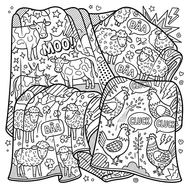 Unleash your creativity with this unique coloring page featuring charming farm animals like cows, sheep, and chickens, all rendered in an exciting Pop Art style. Experience a vibrant comic book aesthetic with bold lines and dynamic elements, perfect for bringing to life with your favorite colors.