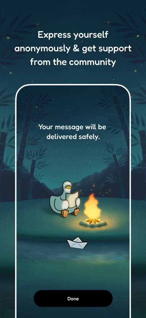 Quabble: Daily Mental Health - Anonymous community support feature in the Quabble app with a duck by a campfire