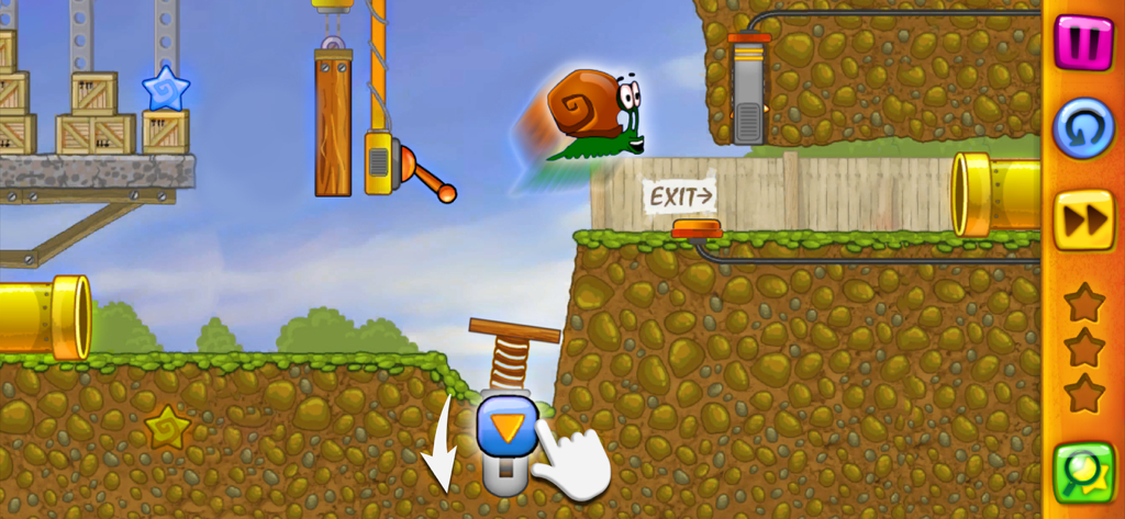 Snail Bob 1: Arcade Adventure - Snail Bob springt von einem Sprungfedermechanismus in einem Physik-Rätselspiel-Level