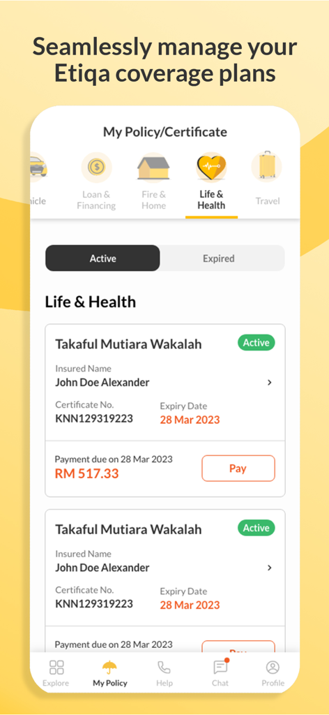 Etiqa plus mobile app interface showing active life and health insurance policy details