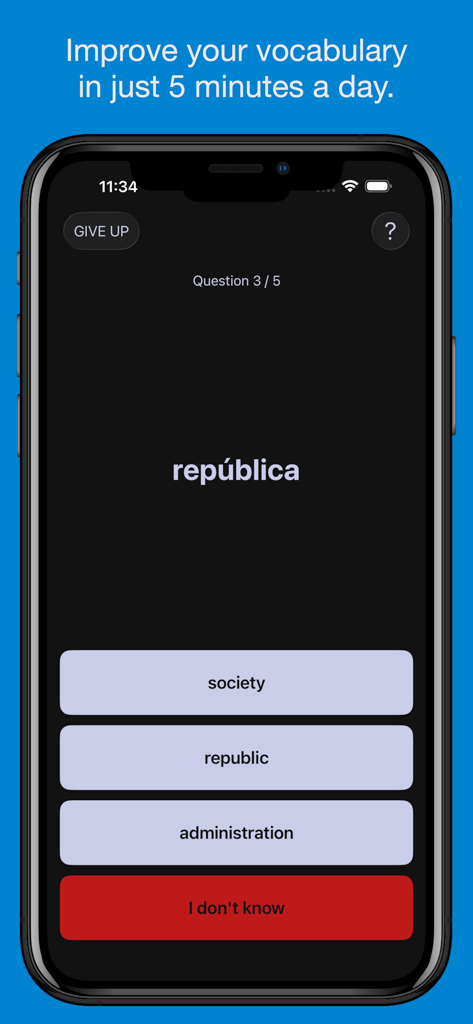 Pro - Basic Spanish Vocabulary - A Spanish vocabulary quiz screen showing the word republica with multiple choice English translations