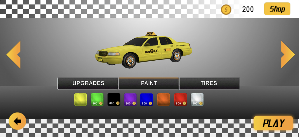 Taxi Driver 3D : Hill Station - A customization menu for a yellow taxi featuring paint color options and vehicle upgrades.