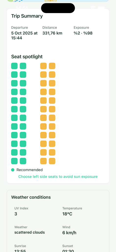 Interfaz de la aplicación Shady Way que muestra asientos de autobús con sombra recomendados y detalles del clima del viaje.