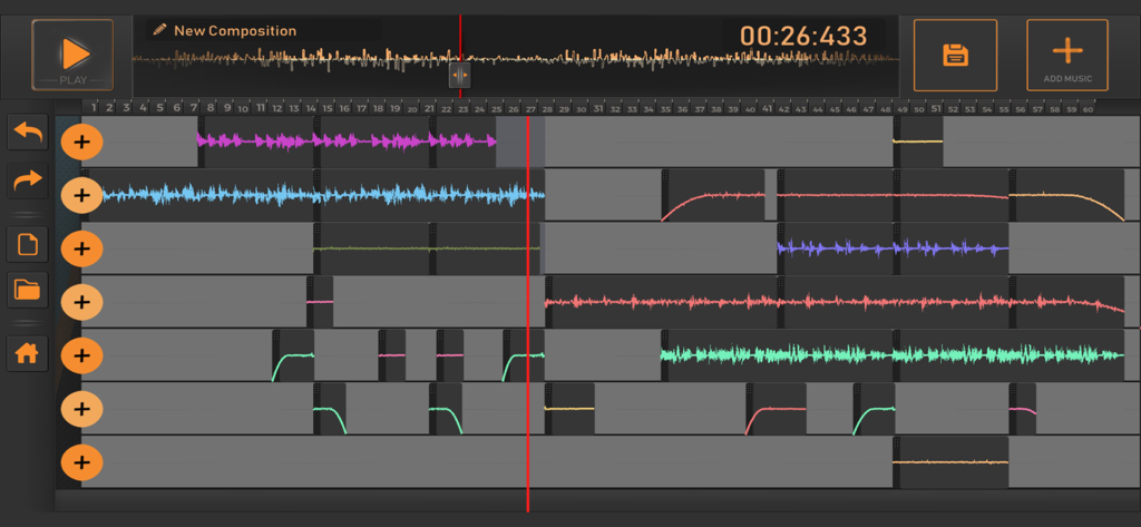 Song Maker : Music Mixer Beats - Interface of Song Maker Music Mixer Beats app showing a multi-track audio sequencer with colored waveforms