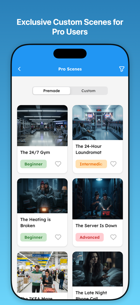 Langua app interface displaying exclusive custom scenes for pro users with varying difficulty levels like beginner and advanced