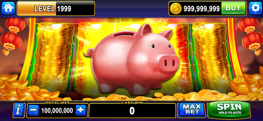Vegas Casino Slots - Mega Win - Ein rosa Sparschwein auf einem Slotmaschinenbildschirm mit Goldmünzen