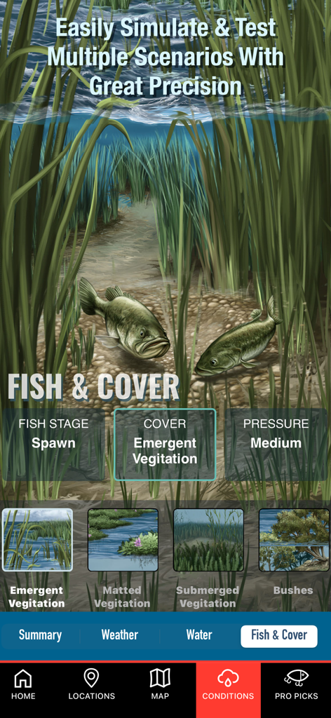 BassForce: Bass Fishing Guide - Interface of BassForce app showing selection for fish stage and water vegetation cover