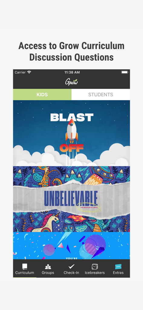 Screenshot of the Grow Youth and Kids Ministry app showing colorful curriculum themes and discussion questions for kids programs