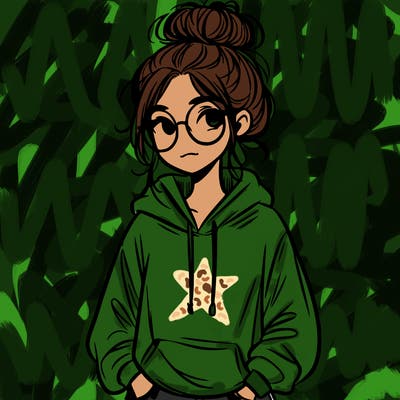 teen girl with a messy bun and glasses wearing a loose hoodie and jeans