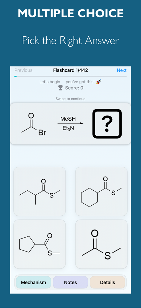 Organic Chemistry Study Help - 有機化学学習サポートアプリの多肢選択クイズインターフェースで、4つの生成物選択肢がある化学反応の質問が表示されている様子