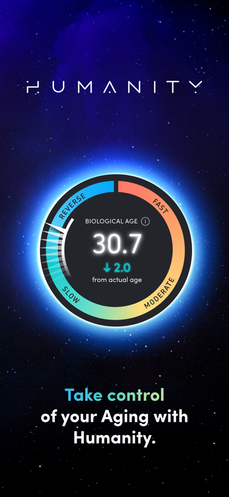 Interface of the Humanity app showing a biological age of 30.7 and a circular aging rate gauge
