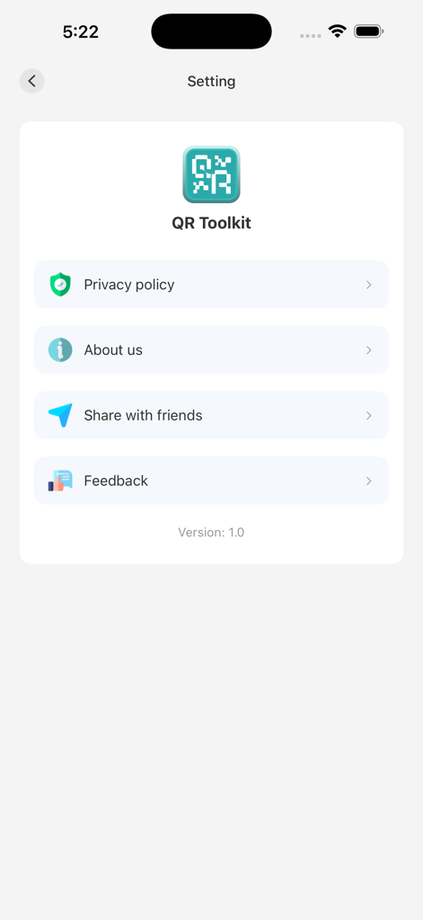 QR Toolkit - Scan&Code - Settings menu of the QR Toolkit app displaying options for privacy policy and feedback