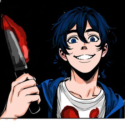 teenage realistic guy with long ish hair holding a knife and has a big grin