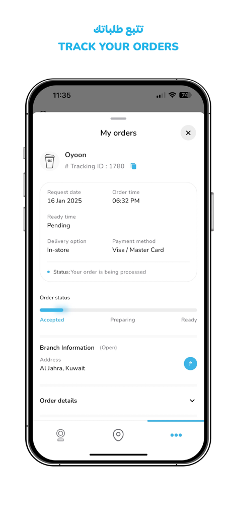 OLE - OLE coffee mobile app screen showing real-time order tracking status and branch information