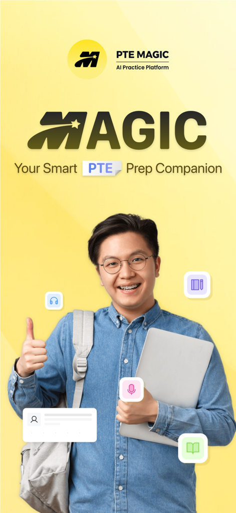 Um estudante sorridente com um laptop e mochila representando a plataforma de preparação inteligente de exames PTE Magic