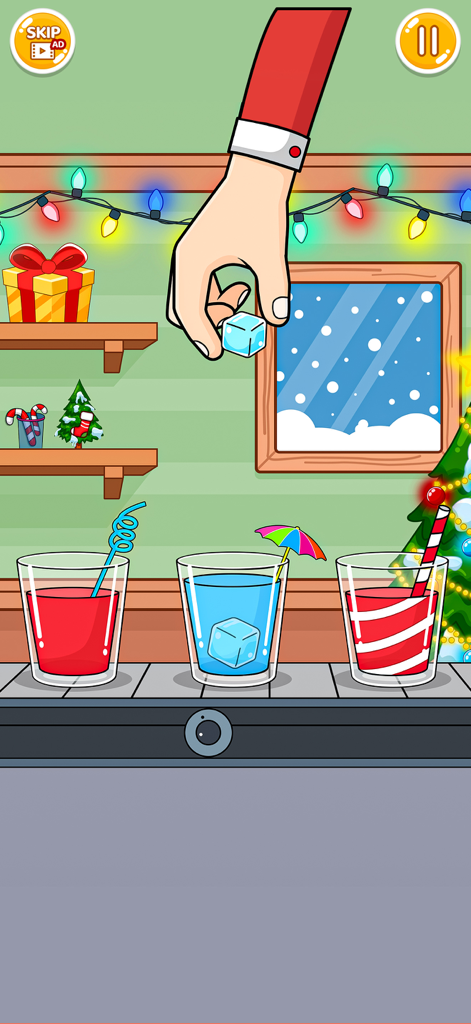 Tricky Tap - Finger Challenges - A hand dropping an ice cube into a blue drink in a festive themed sorting level.