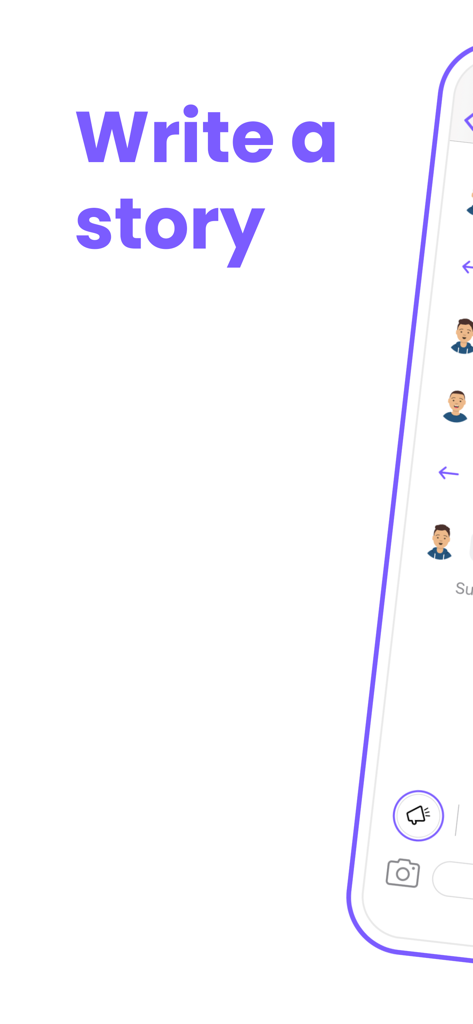 TypeStory - TypeStory app interface screen with the text Write a story and a chat fiction dialogue layout
